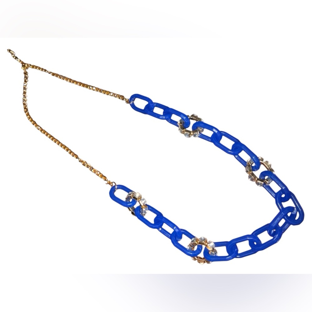 Chunky Blue Link Statement Necklace Rhinestone Ac… - image 2
